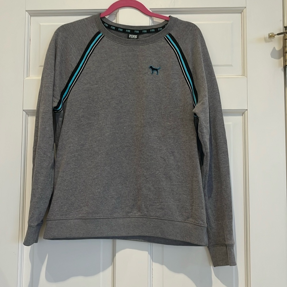 Victoria’s Secret Pink Crew Neck Sweatshirt with Blue, Black and White Stripe